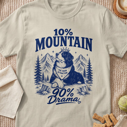 T-shirt graphic with dog wearing crown and bandana: 10% Mountain 90% Drama