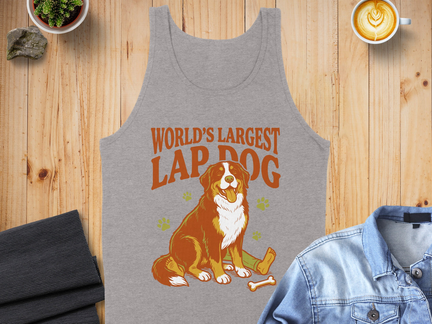 Grey tank top with "World's Largest Lap Dog" text and a Bernese Mountain Dog illustration.