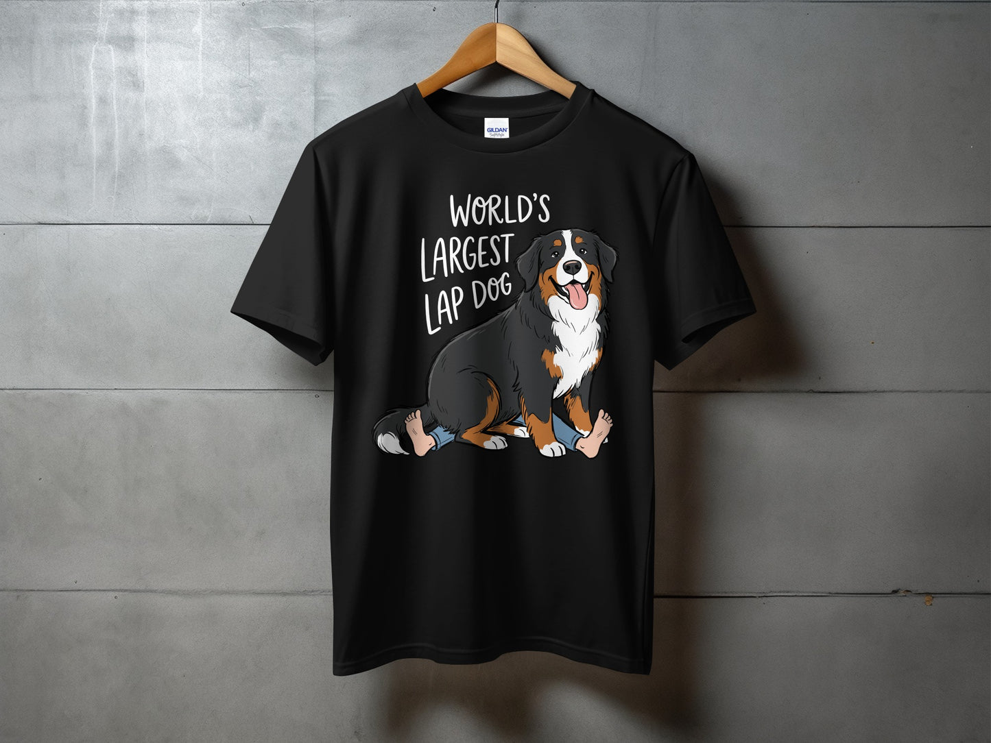 Black t-shirt with "World's Largest Lap Dog" text and Bernese Mountain Dog illustration.