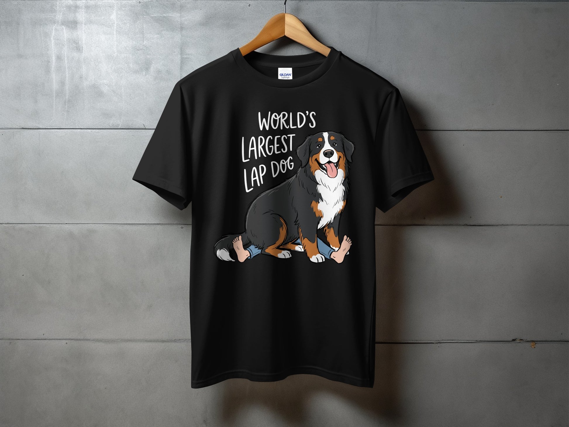 Black t-shirt with "World's Largest Lap Dog" text and Bernese Mountain Dog illustration.