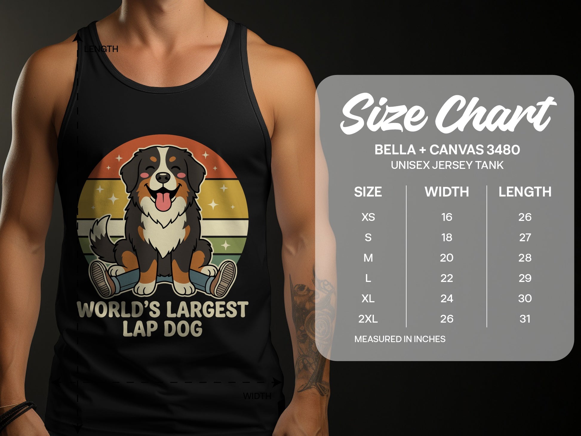 Black tank top with cartoon Bernese Mountain Dog, "World's Largest Lap Dog," and size chart.