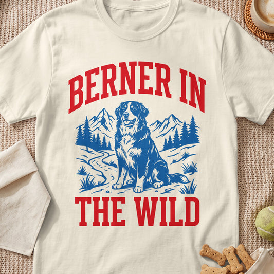 Bernese Mountain Dog graphic with text "Berner in the Wild" on cream t-shirt.