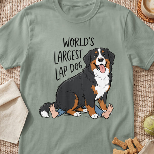 Bernese Mountain Dog sitting with text "WORLD'S LARGEST LAP DOG"