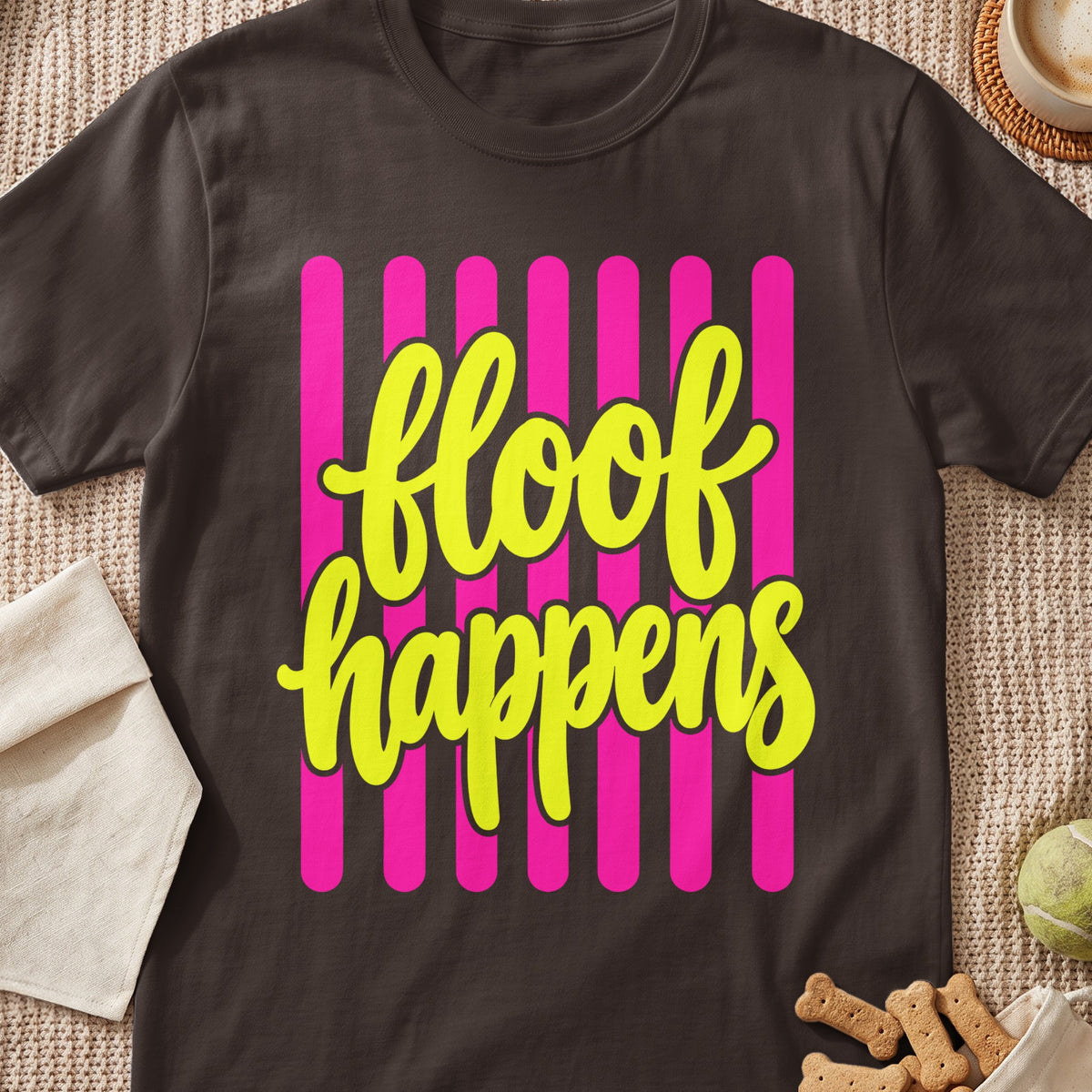 Dark t-shirt with yellow text "floof happens" on pink stripes