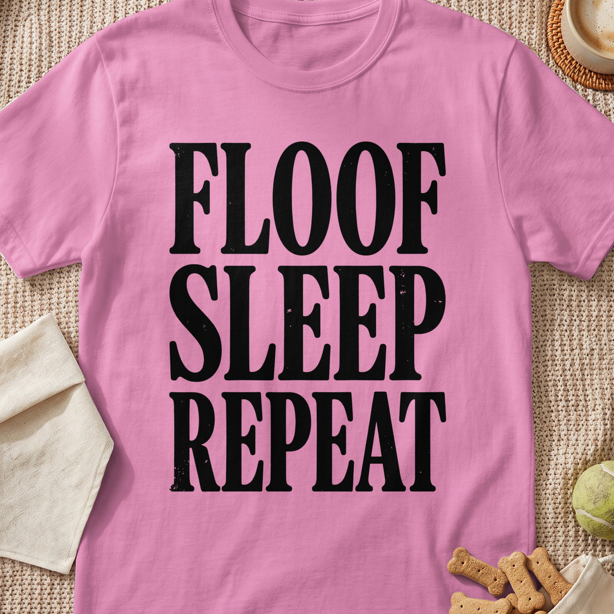 Pink t-shirt with black text "FLOOF SLEEP REPEAT"