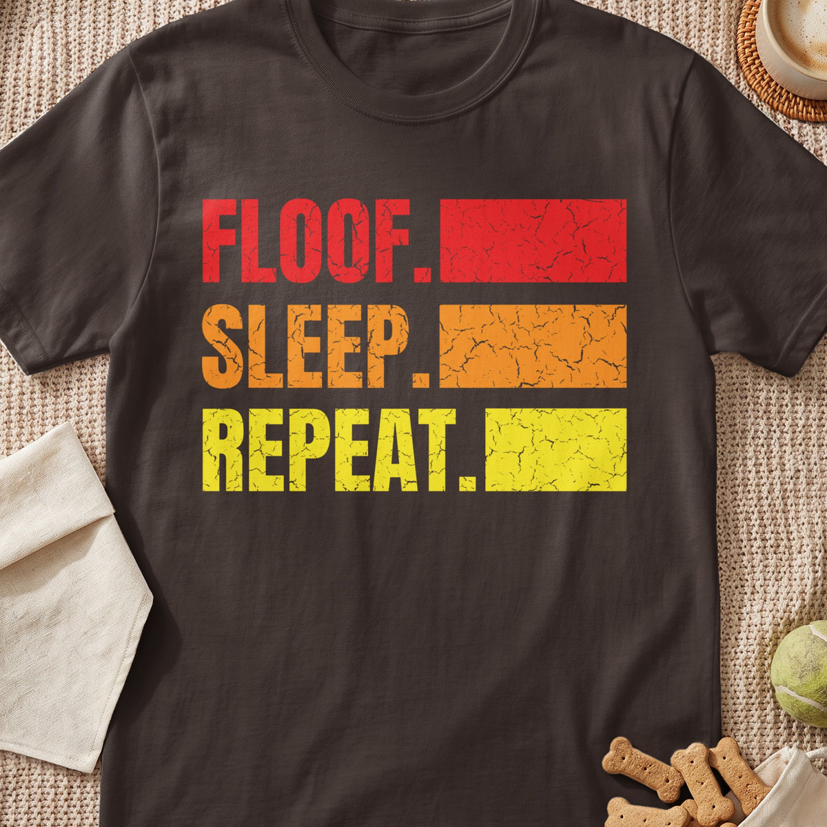 Dark grey t-shirt with "Floof. Sleep. Repeat." text in distressed red, orange, and yellow.