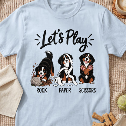 Three Bernese Mountain Dogs play Rock Paper Scissors with text "Let's Play".