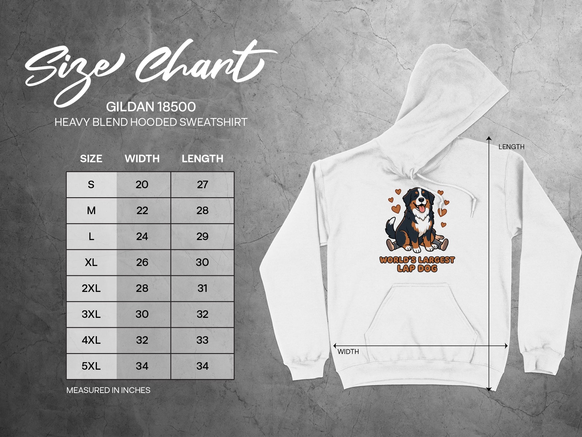 GILDAN 18500 hooded sweatshirt size chart with width and length measurements in inches.