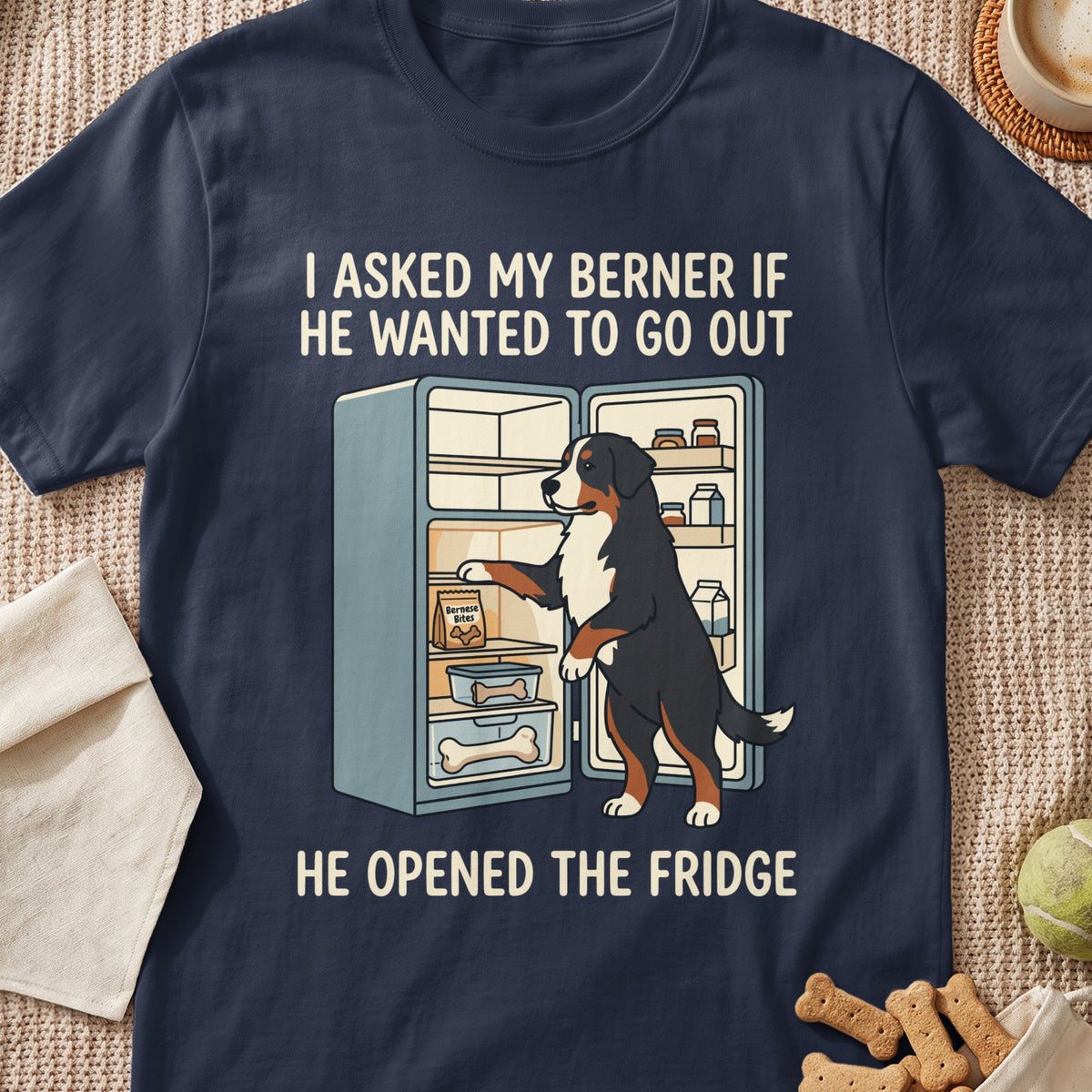 Bernese Mountain Dog opens fridge with treats, text reads "I asked my Berner if he wanted to go out. He opened the fridge."