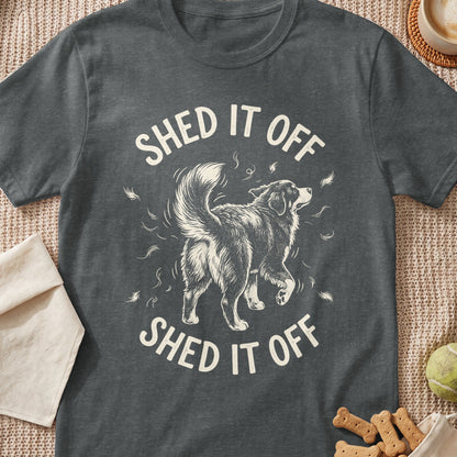 Dark gray t-shirt with a drawing of a dog and the text "SHED IT OFF"