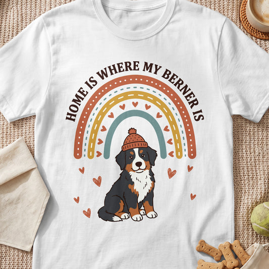 Bernese Mountain Dog wearing a hat with text "Home is where my Berner is".