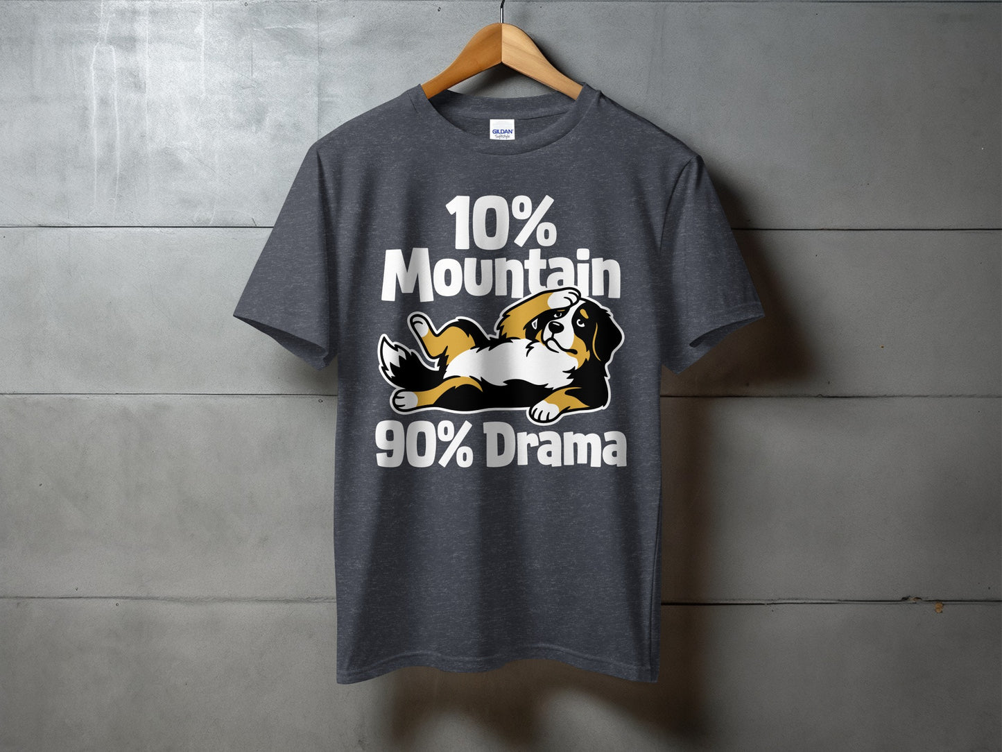 Dark grey t-shirt with text "10% Mountain 90% Drama" and a dog.