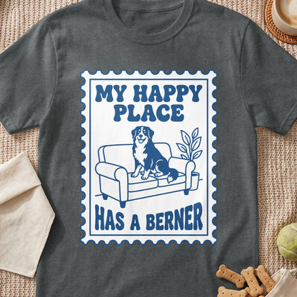 My Happy Place Has a Berner dog on couch postage stamp graphic