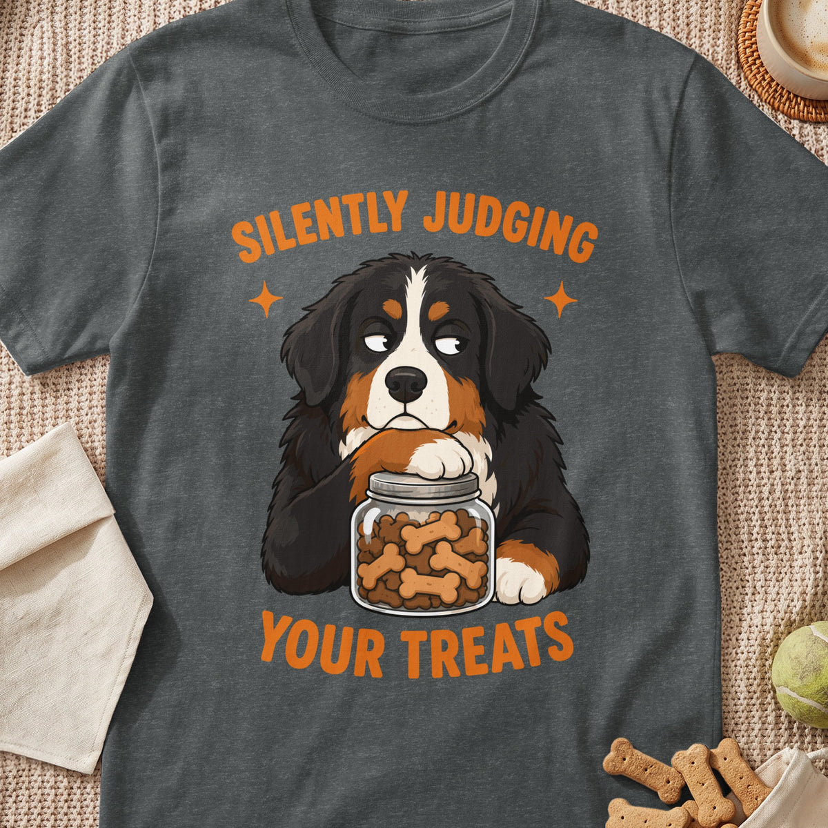 Charcoal t-shirt featuring a Bernese Mountain Dog resting its chin on a treat jar with text reading Silently Judging Your Treats.