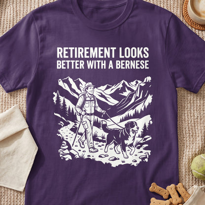 "Retirement Looks Better With A Bernese" text over hiking scene with dog.