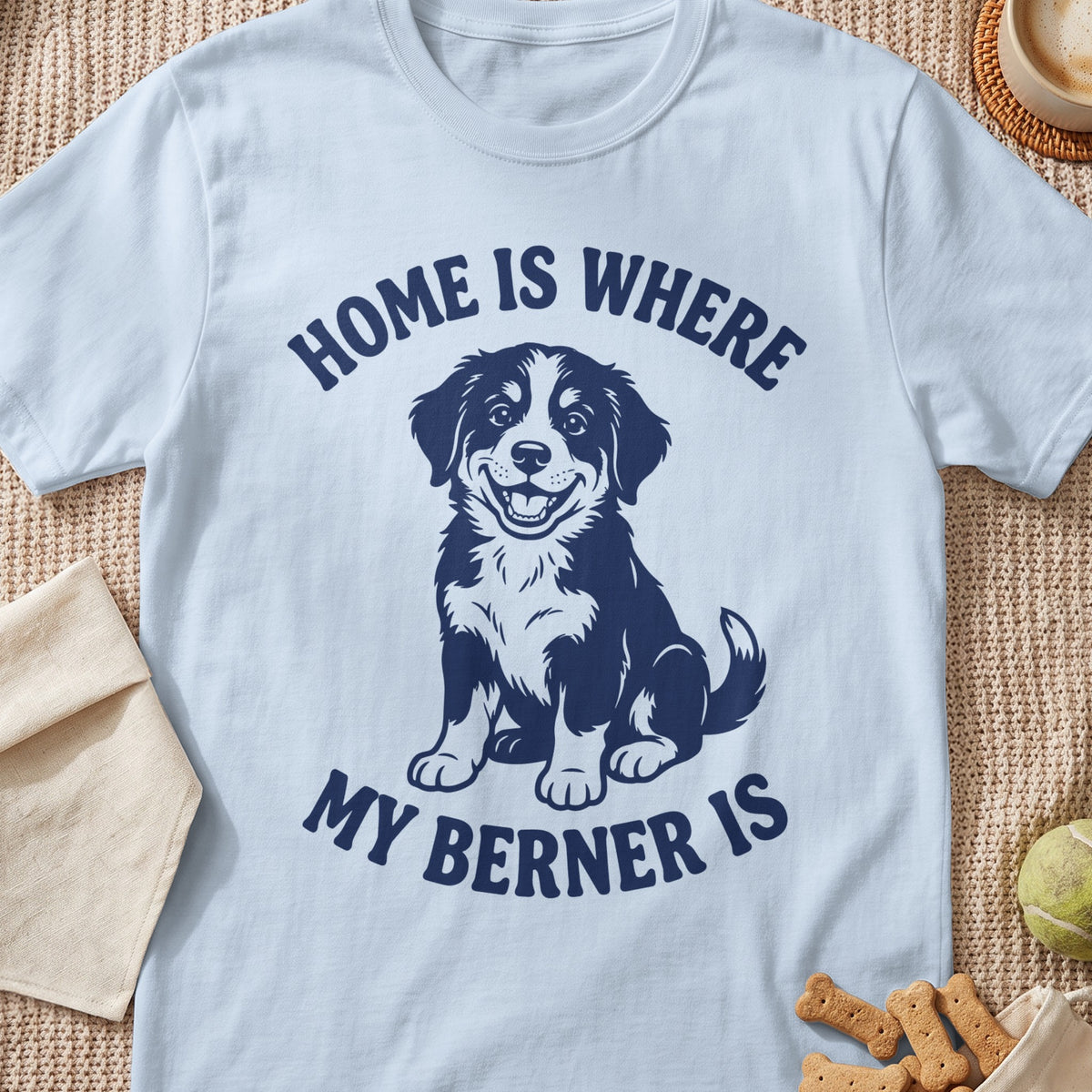 Light blue t-shirt with dark blue text "HOME IS WHERE MY BERNER IS" and a dog graphic.
