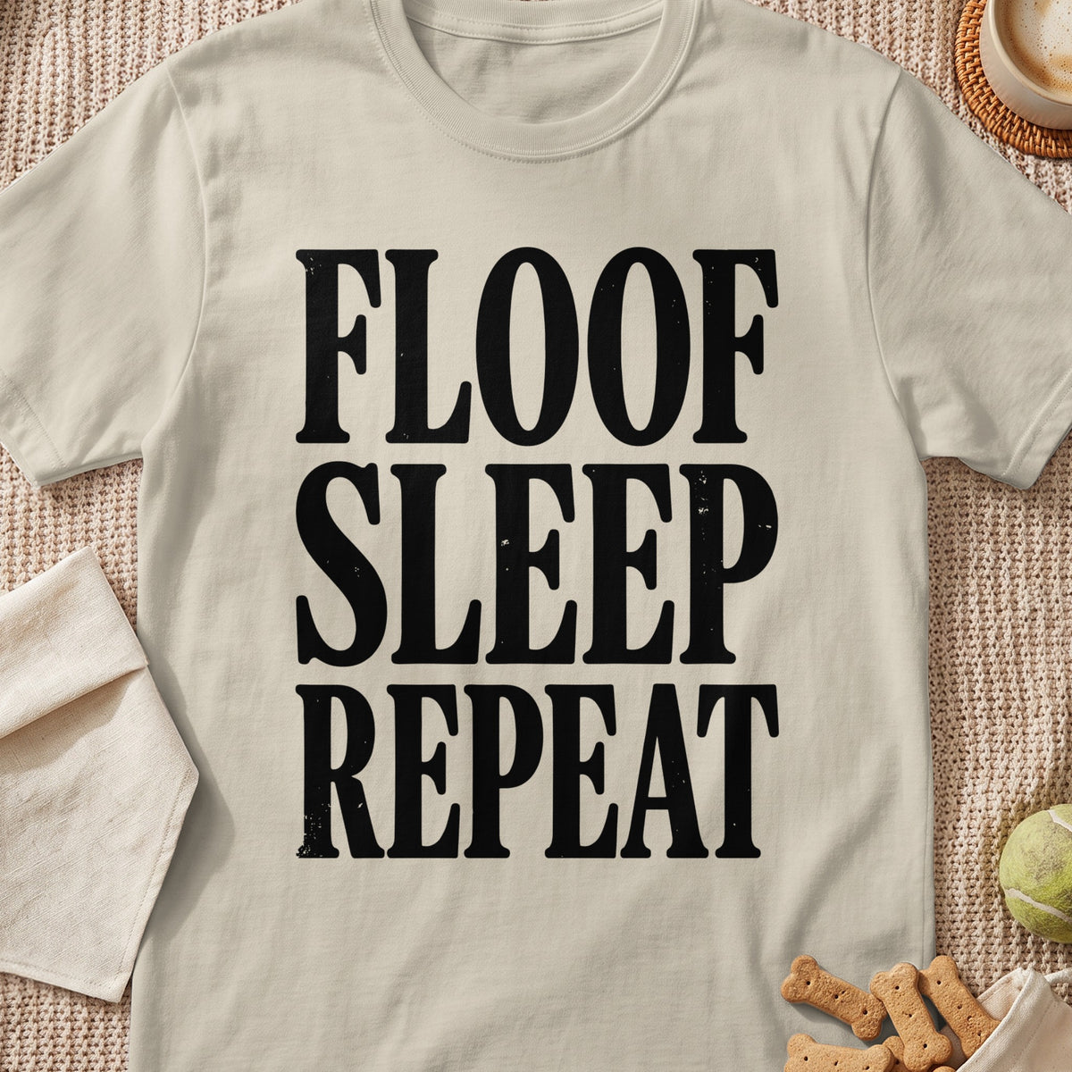 Cream t-shirt with black text "FLOOF SLEEP REPEAT".
