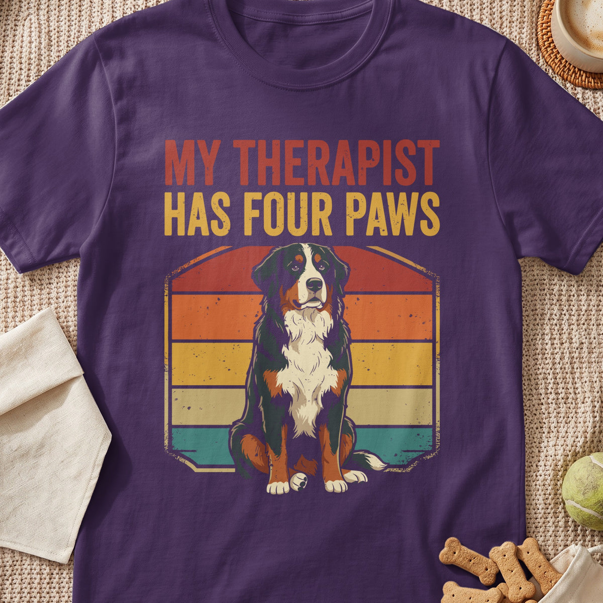 Purple t-shirt with vintage sunset graphic and text "MY THERAPIST HAS FOUR PAWS"