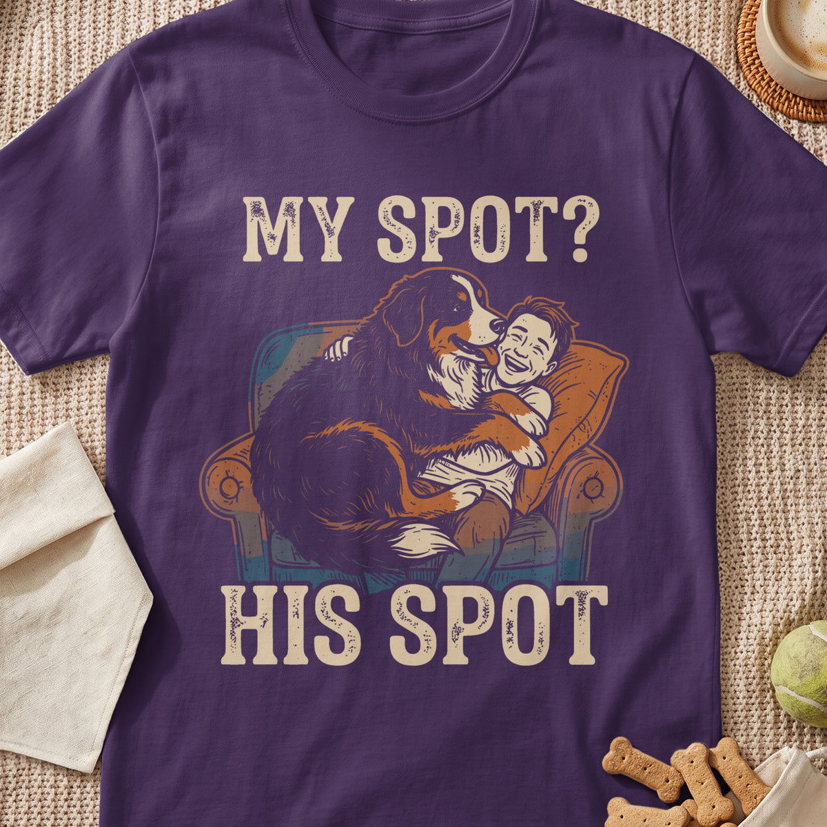 Bernese Mountain Dog hugging a smiling person with text "MY SPOT? HIS SPOT".