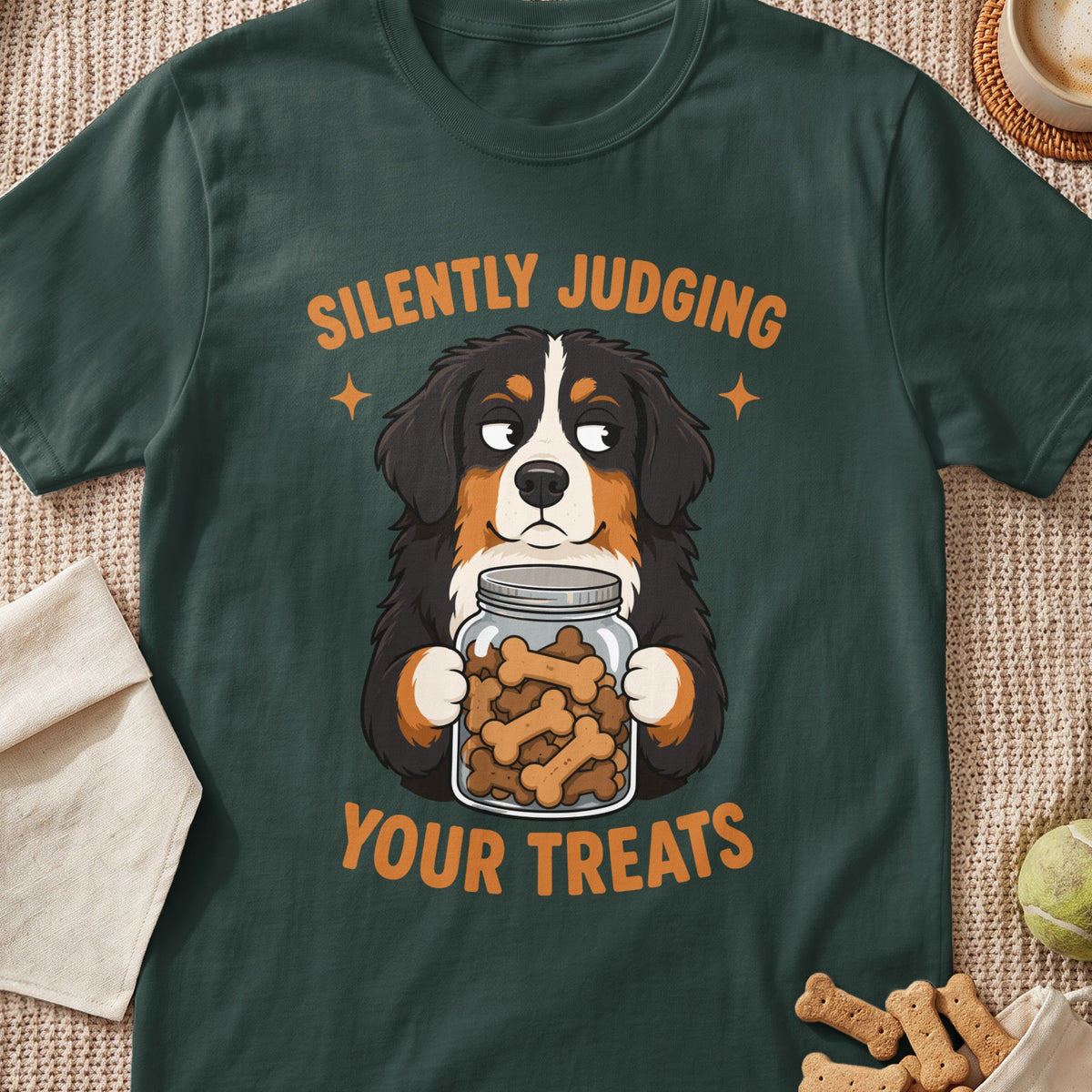 A dark green t-shirt featuring an illustration of a Bernese Mountain Dog holding a jar of treats, with text that reads SILENTLY JUDGING YOUR TREATS.