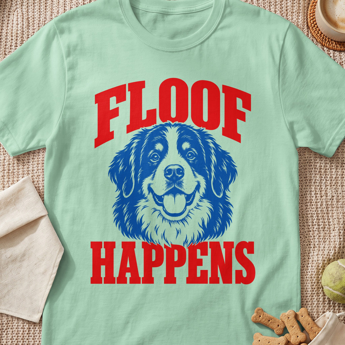 Mint t-shirt with blue dog and red text "FLOOF HAPPENS".