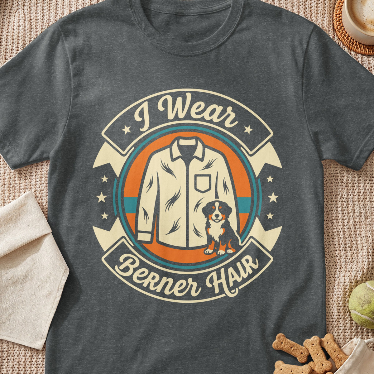 Bernese Mountain Dog shirt with text "I Wear Berner Hair" and a cartoon dog.