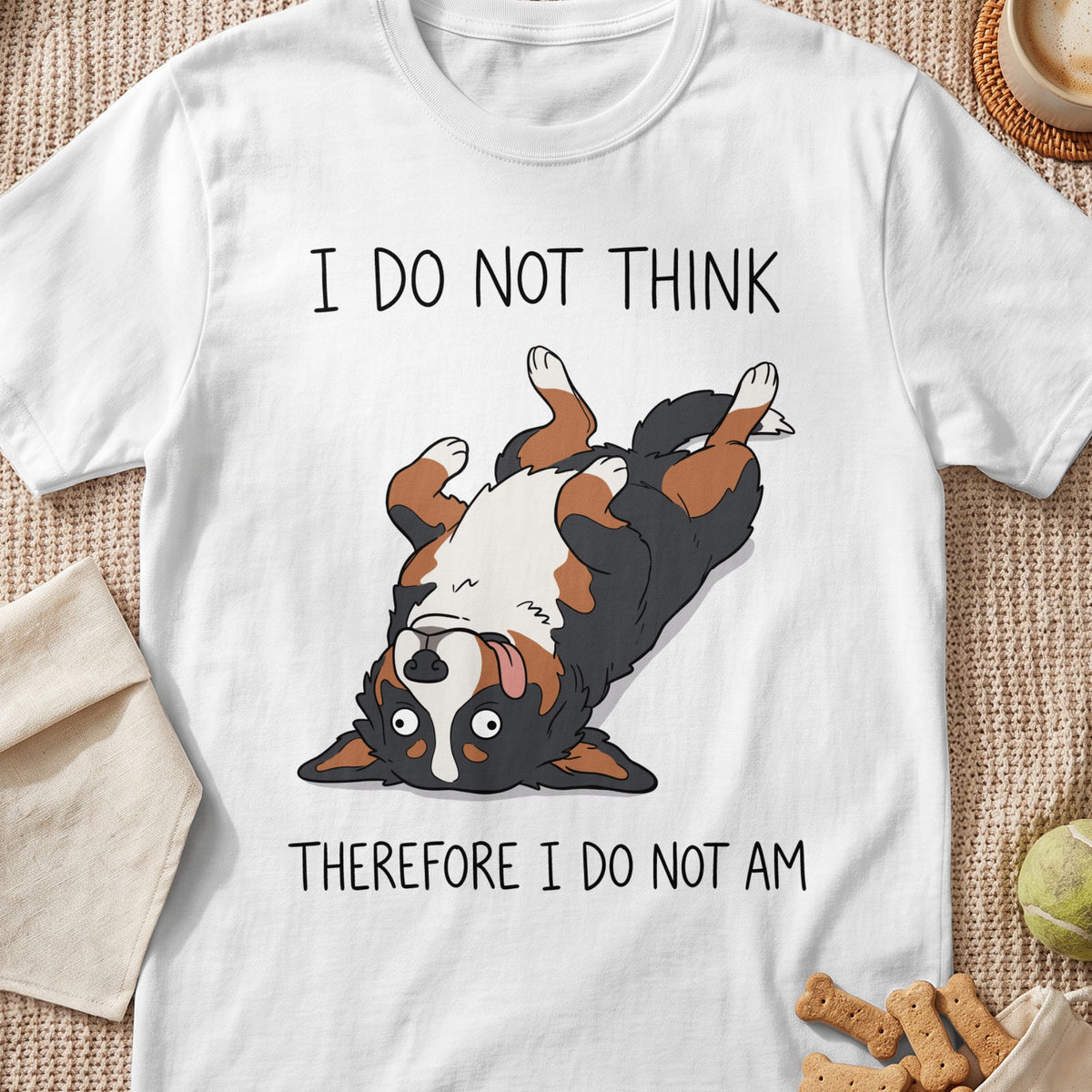 White t-shirt with cartoon Bernese Mountain Dog and text "I DO NOT THINK THEREFORE I DO NOT AM".