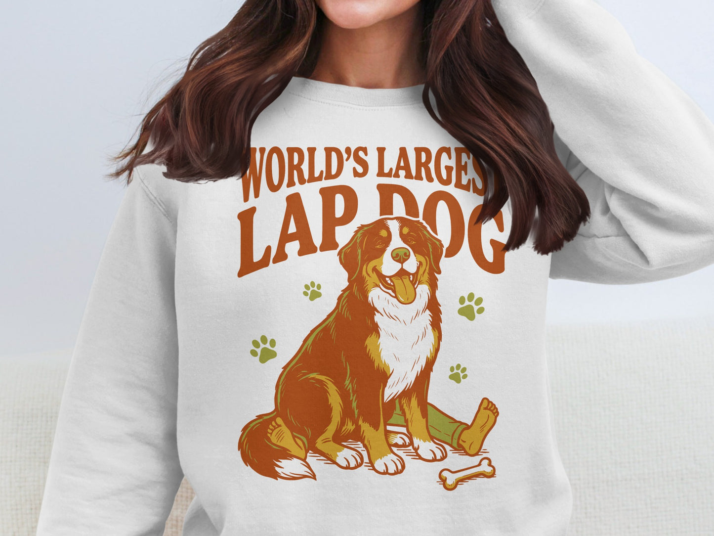 Bernese Mountain Dog graphic with text "WORLD'S LARGEST LAP DOG."