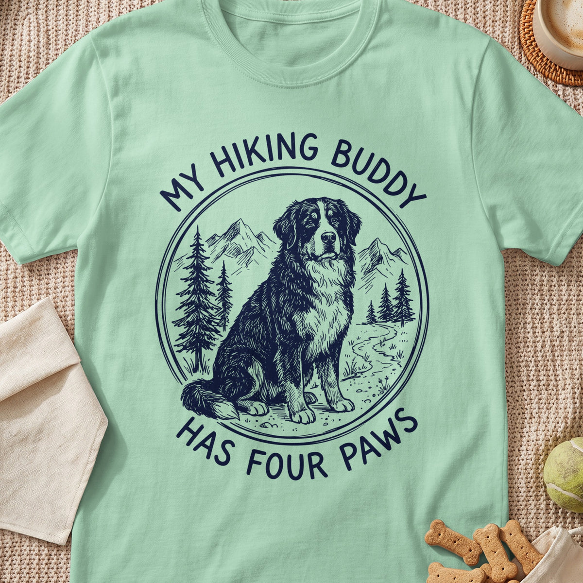 Bernese Mountain Dog in circular landscape with text "MY HIKING BUDDY HAS FOUR PAWS".