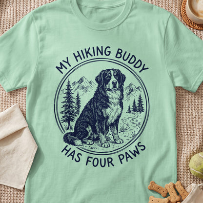 Bernese Mountain Dog in circular landscape with text "MY HIKING BUDDY HAS FOUR PAWS".