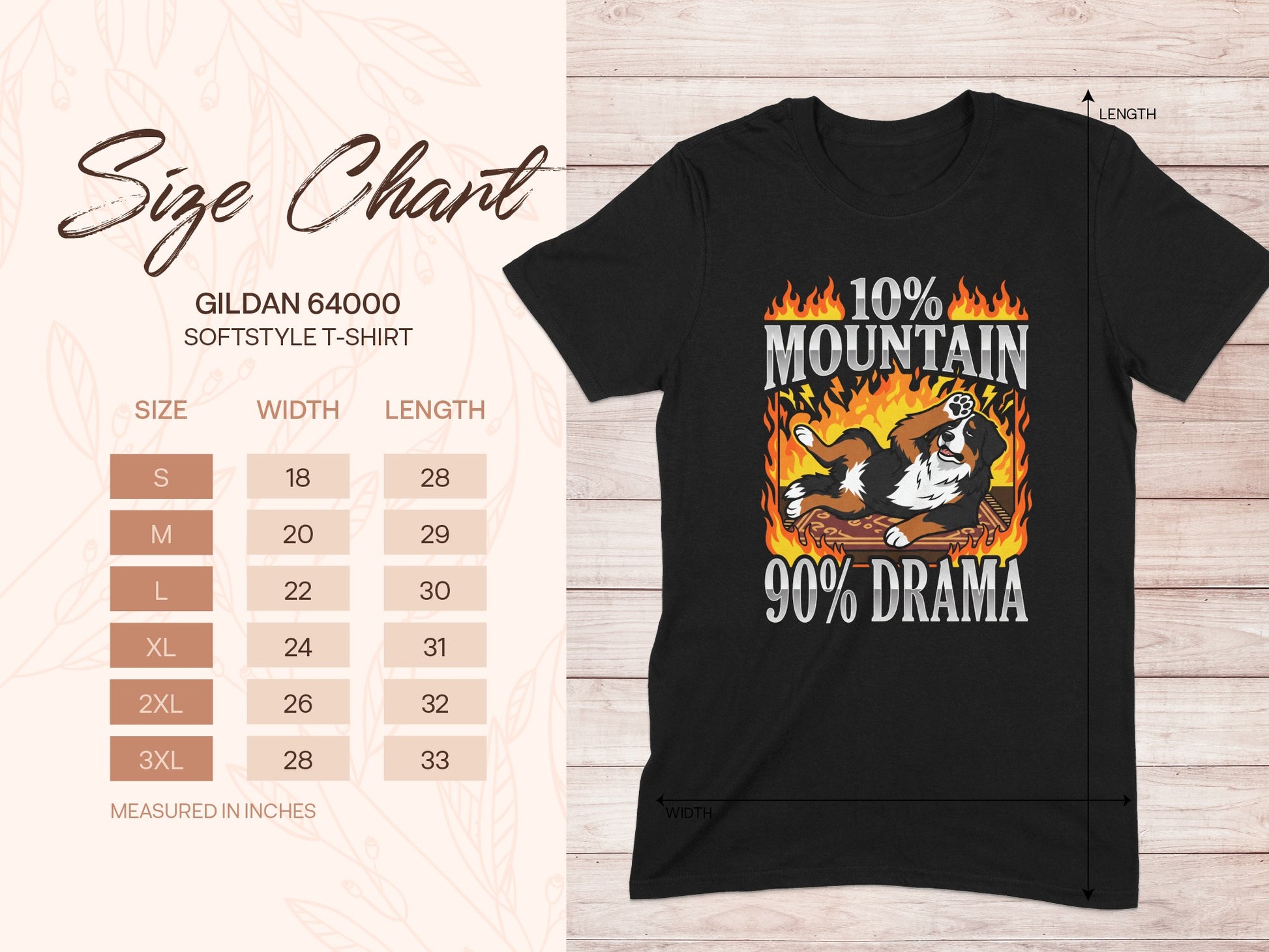 Black t-shirt with "10% Mountain 90% Drama" graphic and dog; size chart included.