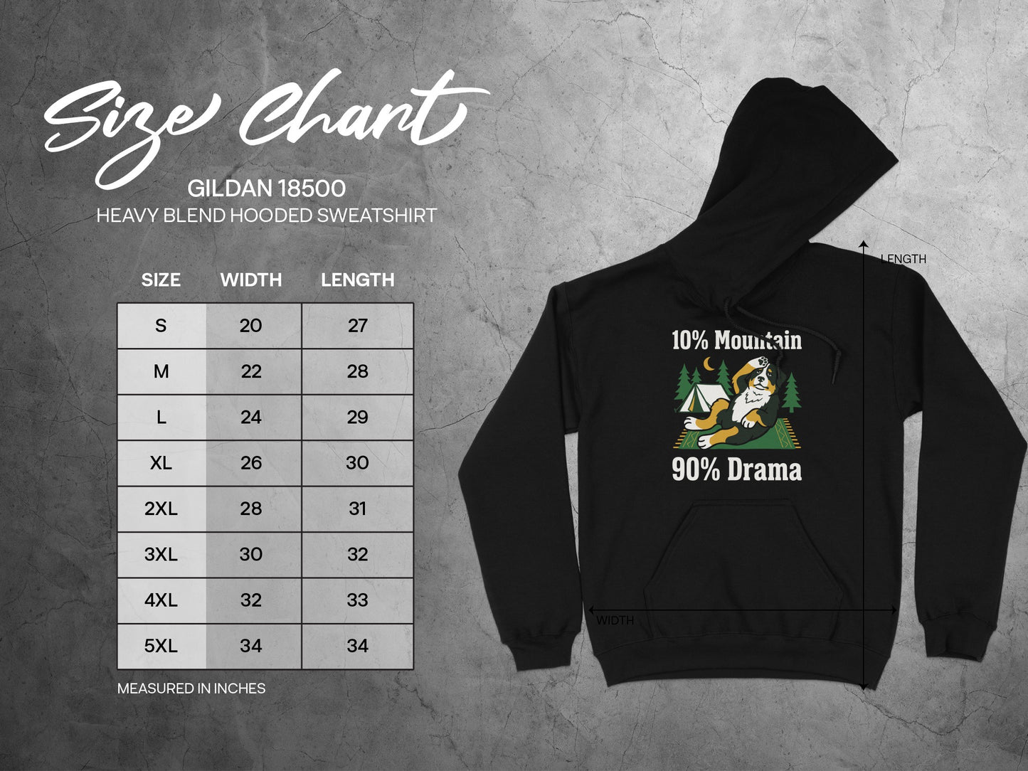 Gildan 18500 heavy blend hooded sweatshirt size chart with dog graphic.