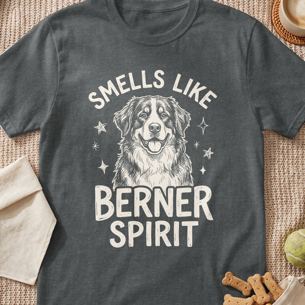 Dark gray t-shirt with sketch of Bernese Mountain Dog and text "Smells Like Berner Spirit".