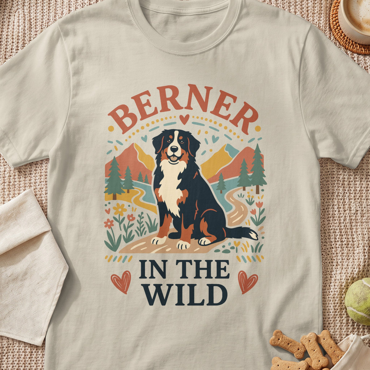 Bernese Mountain Dog graphic with text "BERNER IN THE WILD" and mountains.