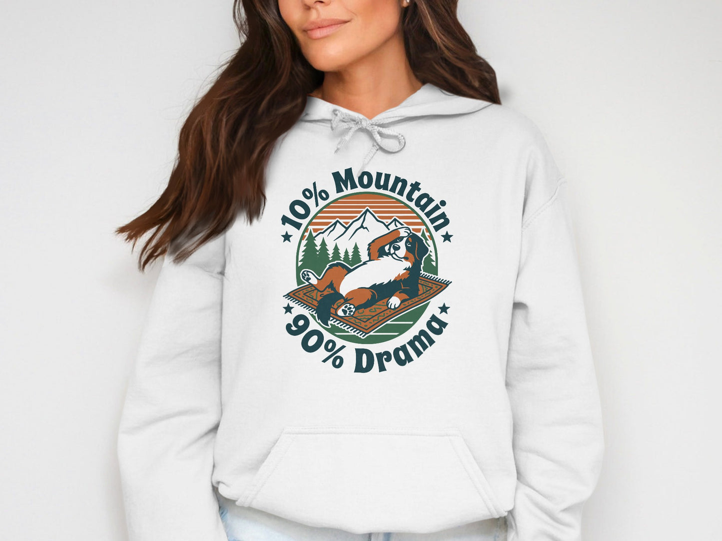 Bernese Mountain Dog on a rug with text "10% Mountain 90% Drama"
