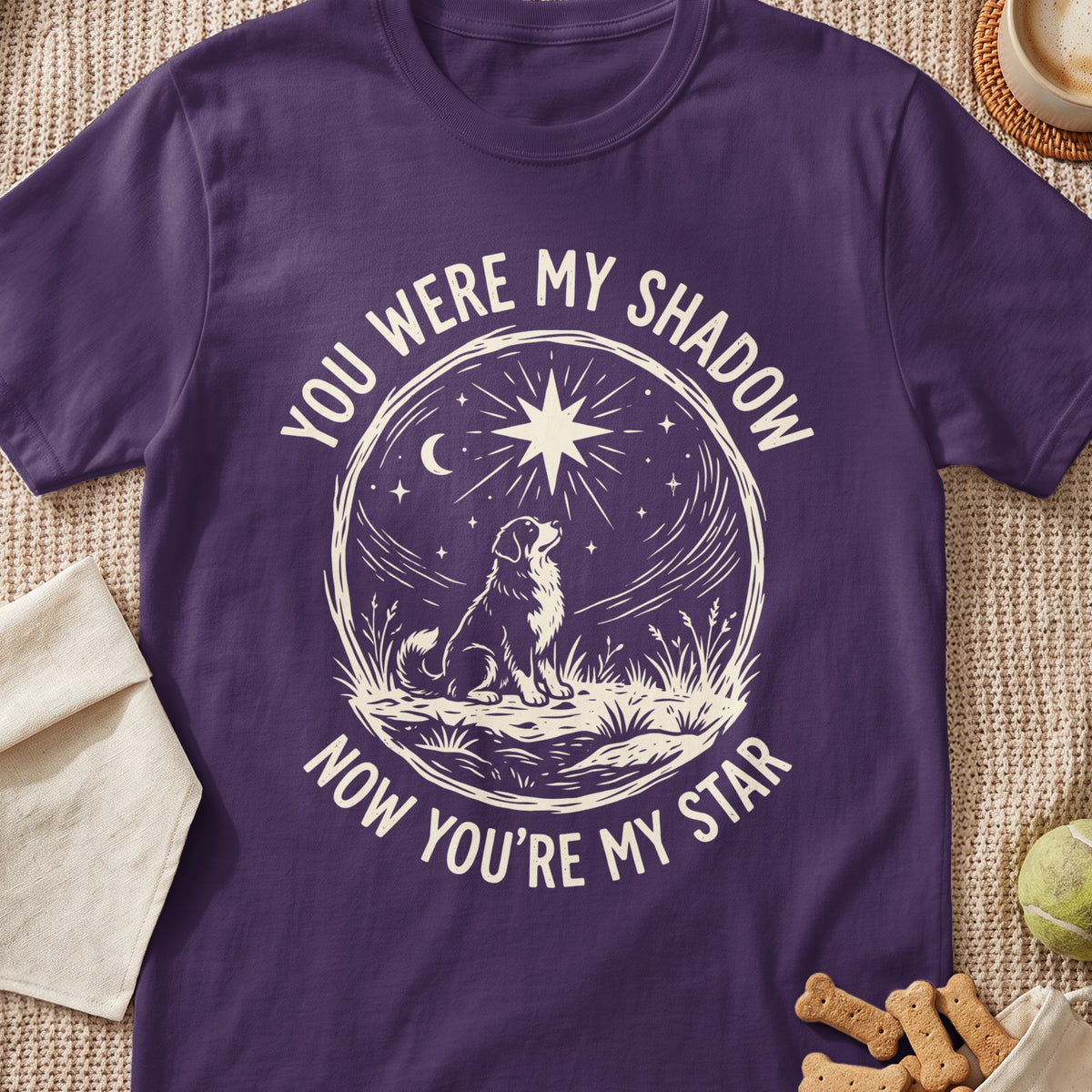 Purple t-shirt with graphic: dog under a star, text "You were my shadow, now you're my star".
