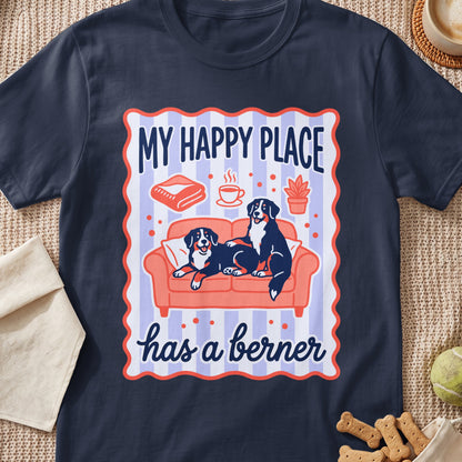 Bernese mountain dogs on couch with text "My happy place has a berner".