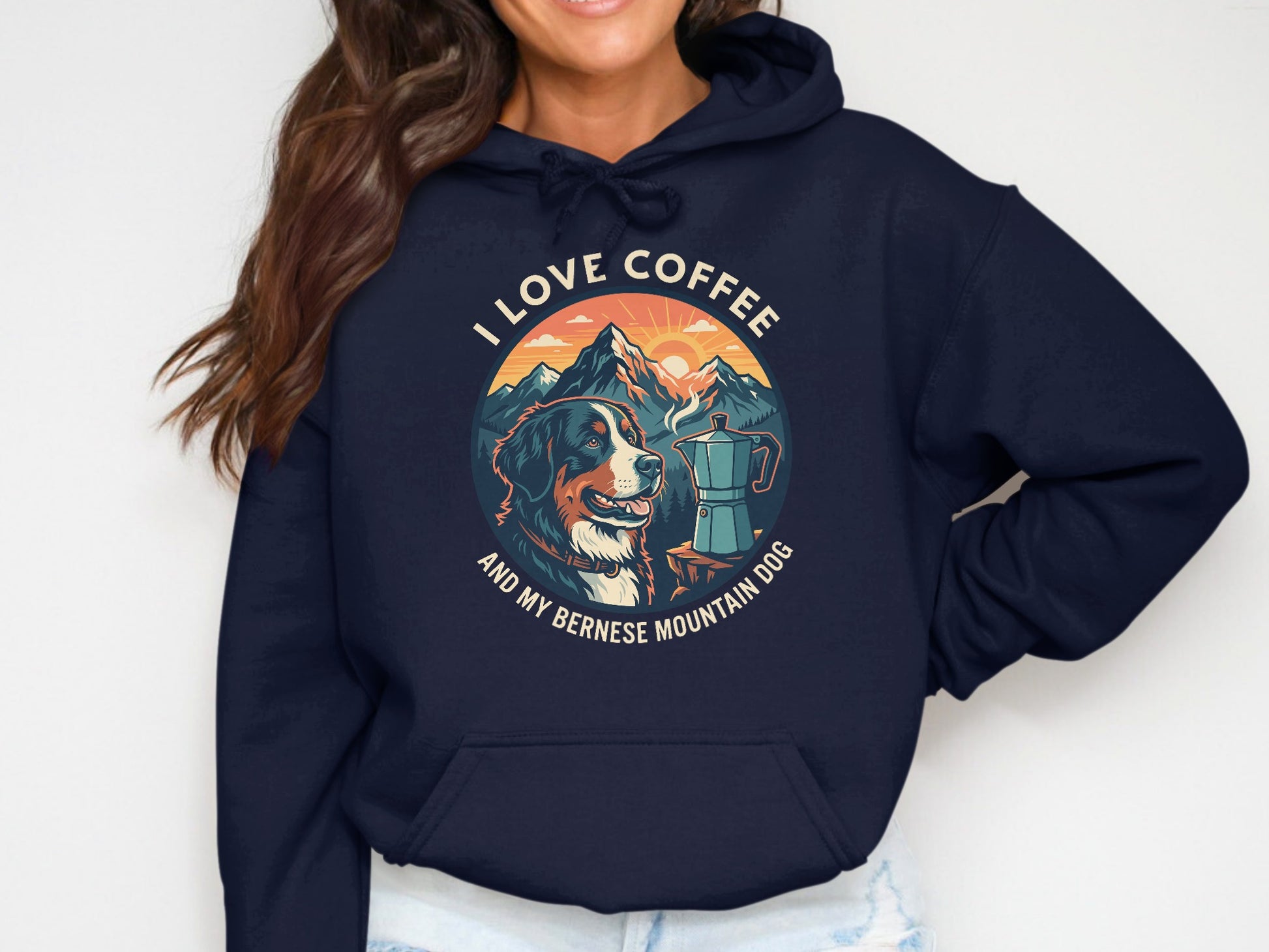Bernese Mountain Dog with coffee pot and mountains, text "I Love Coffee And My Bernese Mountain Dog"