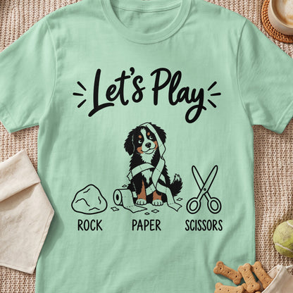 Mint green t-shirt with "Let's Play" text and Bernese Mountain Dog playing rock paper scissors.