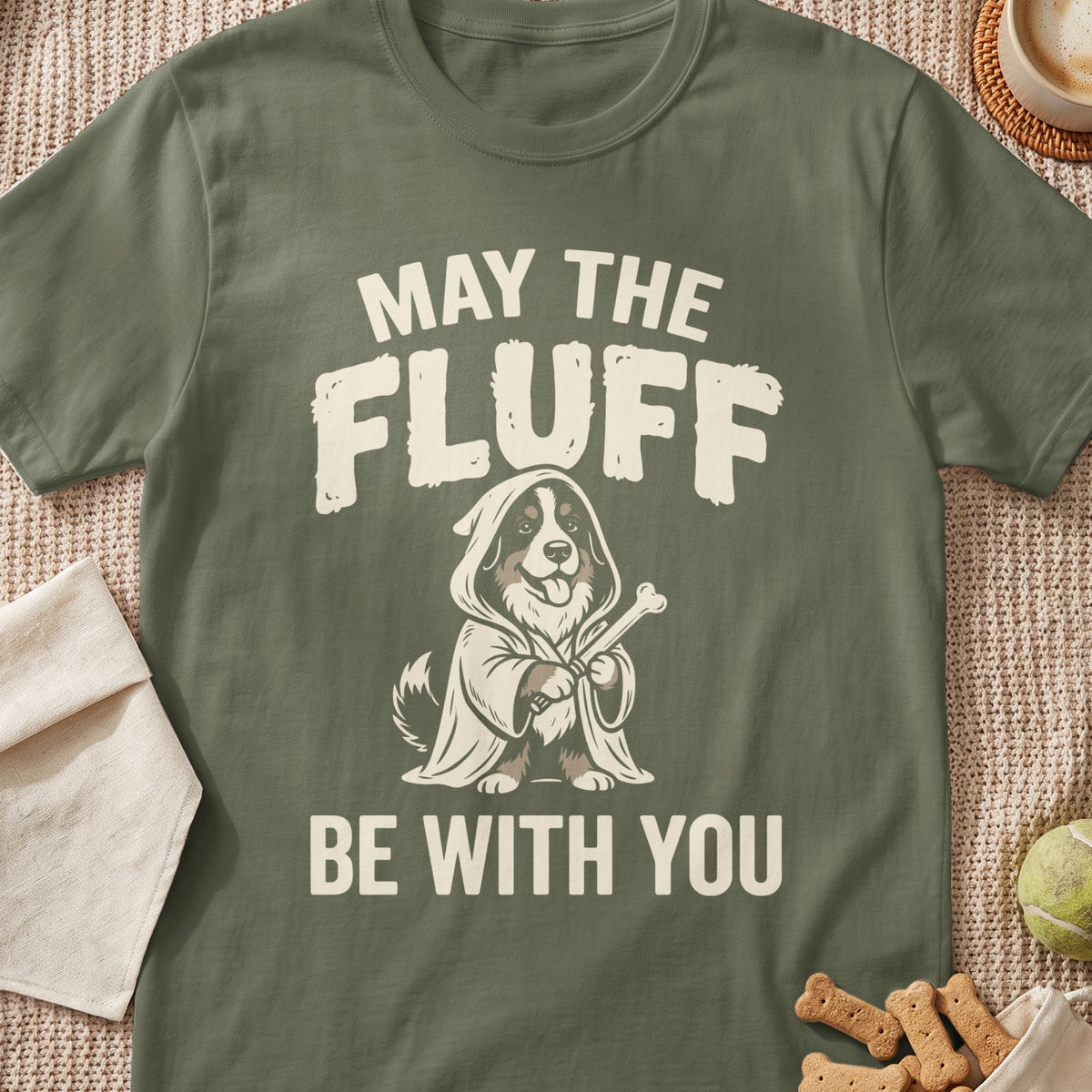 Bernese Mountain Dog in robe holding bone with text "May the Fluff Be With You."