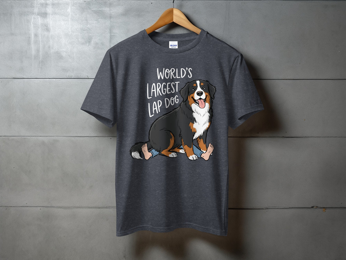 Dark grey t-shirt with a cartoon Bernese Mountain Dog and text saying "World's Largest Lap Dog".