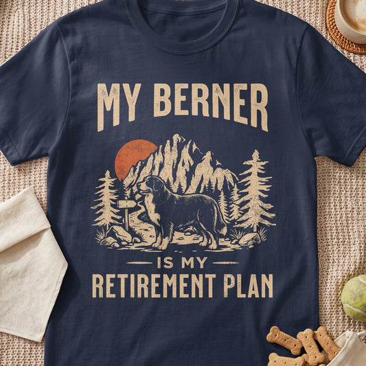 Navy t-shirt with "My Berner is My Retirement Plan" text and dog graphic.