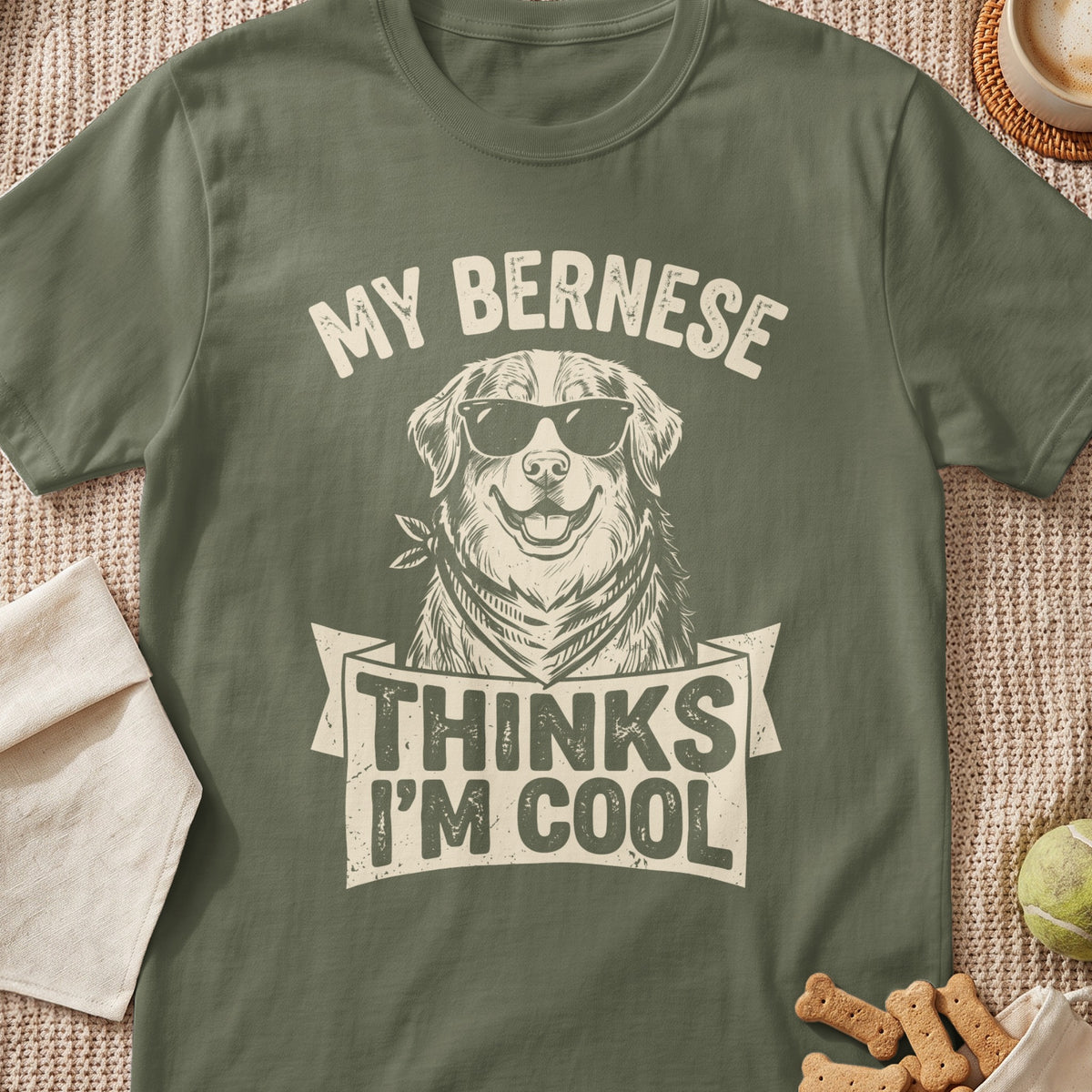 Green t-shirt with a graphic of a Bernese dog wearing sunglasses and bandana, text "MY BERNESE THINKS I'M COOL".