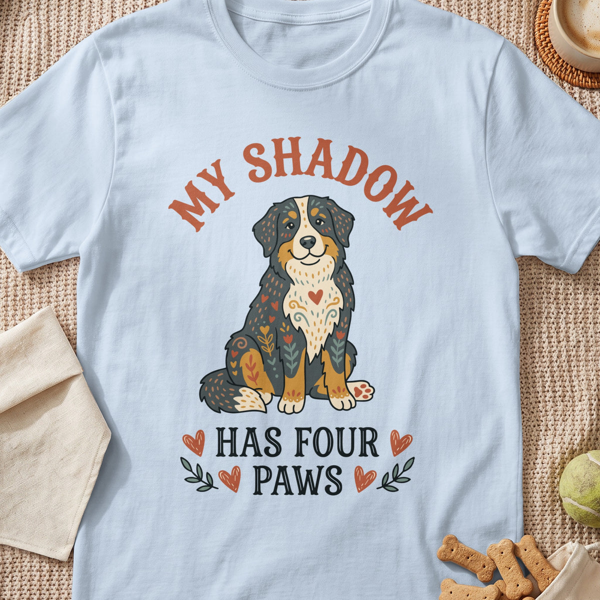 Light blue t-shirt with a dog illustration and text "MY SHADOW HAS FOUR PAWS".