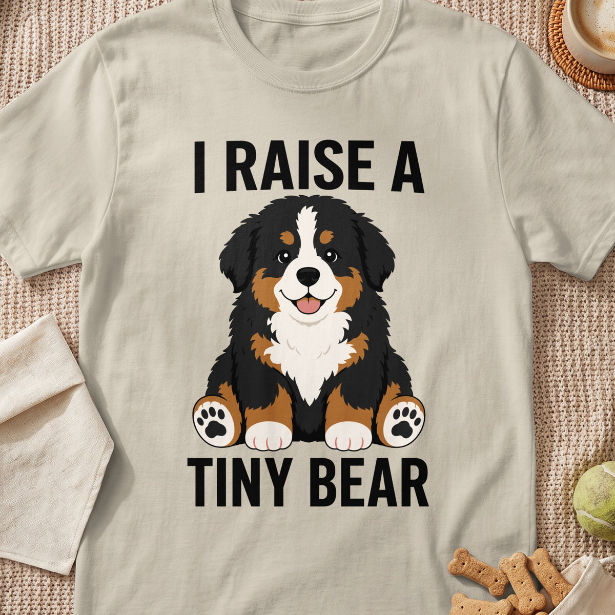 Bernese Mountain Dog illustration with text "I RAISE A TINY BEAR".
