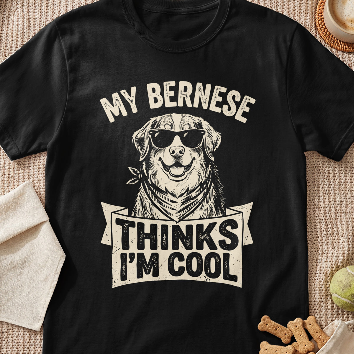 Black t-shirt with a drawn Bernese dog wearing sunglasses and bandana saying "MY BERNESE THINKS I'M COOL".
