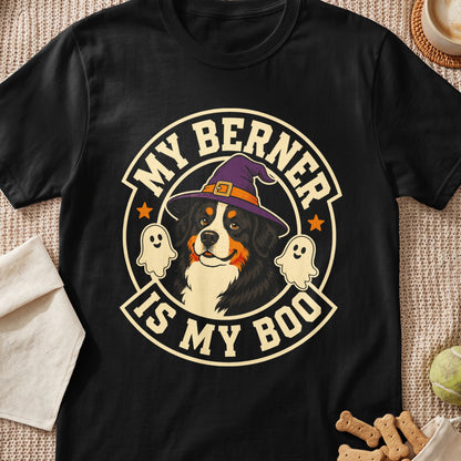 Bernese Mountain Dog wearing witch hat and text "MY BERNER IS MY BOO" with ghosts.
