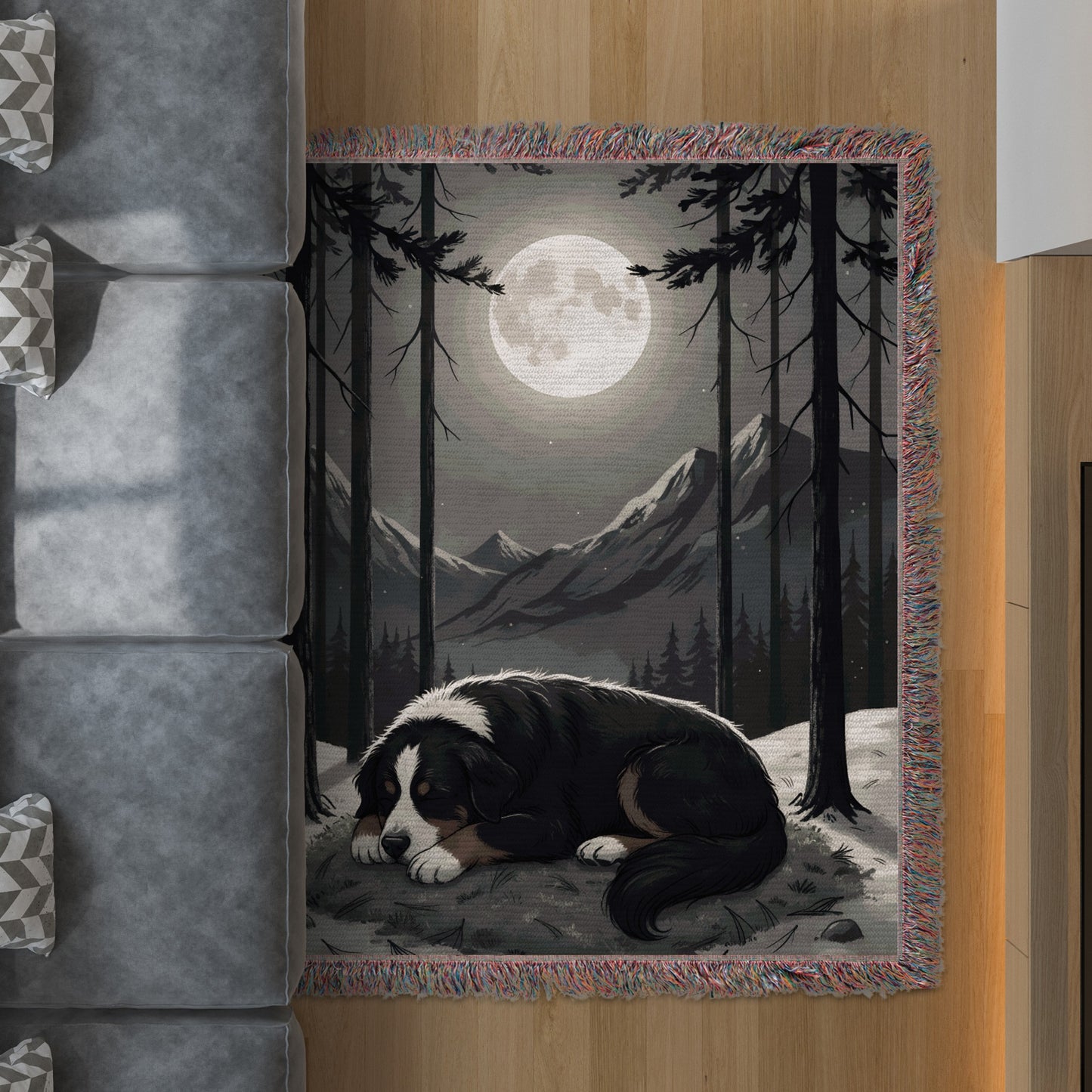 Moonlit Mountain Scene with Sleeping Dog Rug