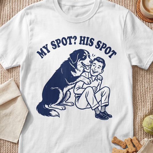 Illustration of a dog hugging a man with text "MY SPOT? HIS SPOT".
