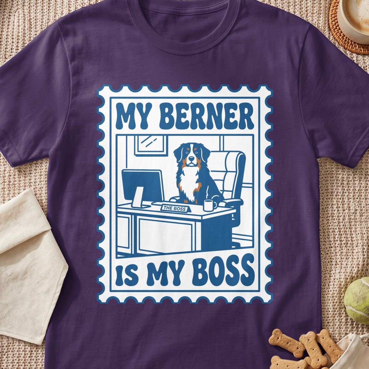 Bernese Mountain Dog sitting at a desk with "My Berner Is My Boss" text.